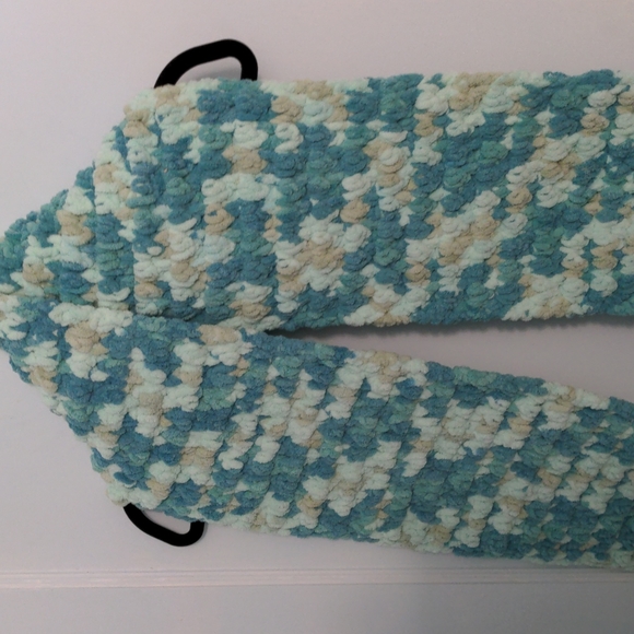 Handmade Just Made Light Blue Teal Blue and Tan Super Soft Extra Wide Scarf - Picture 3 of 6